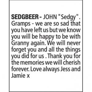 JOHN SEDGBEER "SEDGY"