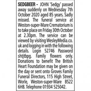 JOHN SEDGBEER "SEDGY"