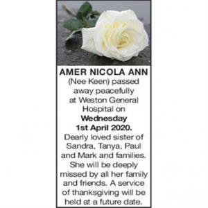 NICOLA ANN AMER (nee Keen)