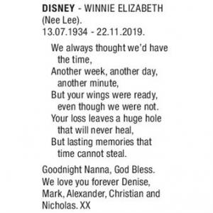 WINNIE ELIZABETH DISNEY (Nee Lee)